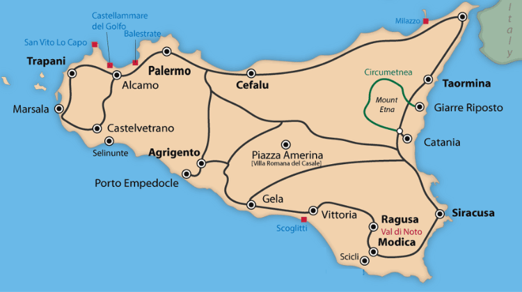 Travel around Sicily by train using this rail map of the Sicily.